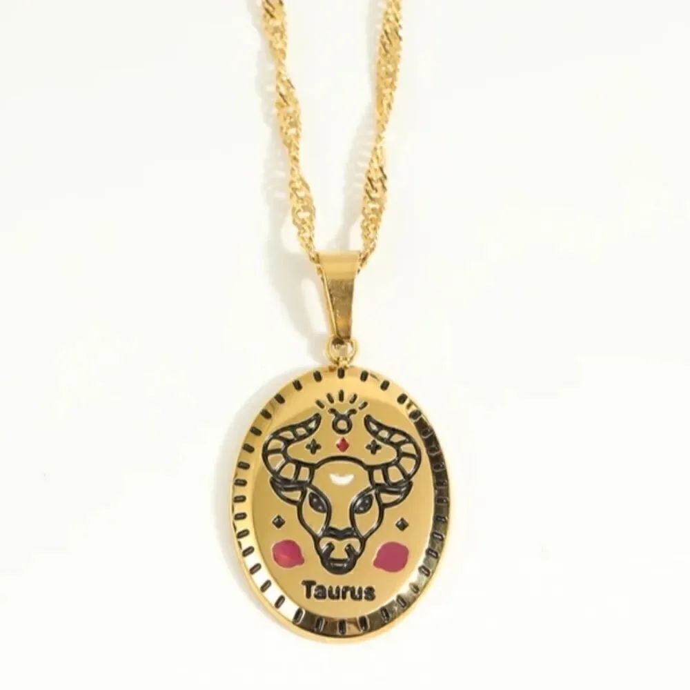 NEW 18K Gold Plated Stainless Steel TAURUS Sign Zodiac Oval Pendant Necklace